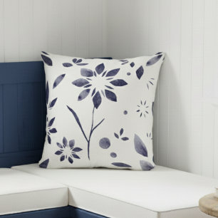 Blaue Aquarell-Blumenmuster-Großblume Kissen