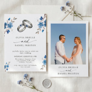 Blaue Aquarell-Blumenringe Elegante Foto-Hochzeit Einladung