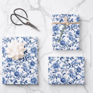 Blaue Aquarell-Blumentoile Chinoiserie Vintage Geschenkpapier Set