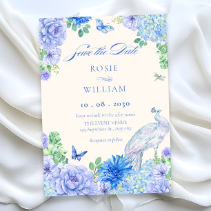 Blaue Aquarell-Blüten-Pfau-Hochzeit Save The Date