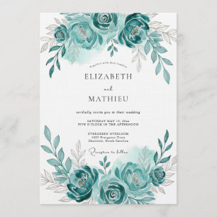 Blaue Aquarell-Blüten-Romanze Hochzeit Einladung