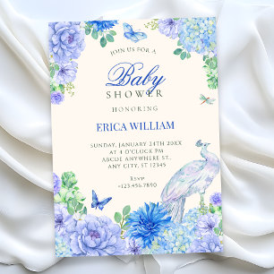 Blaue Aquarell-Blütenblüte Pfau-Baby-Party Einladung