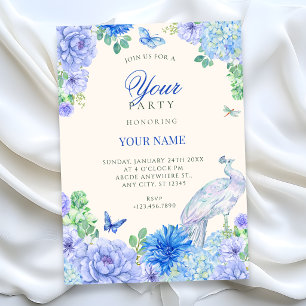 Blaue Aquarell-Blütenblüte Pfau Einladung
