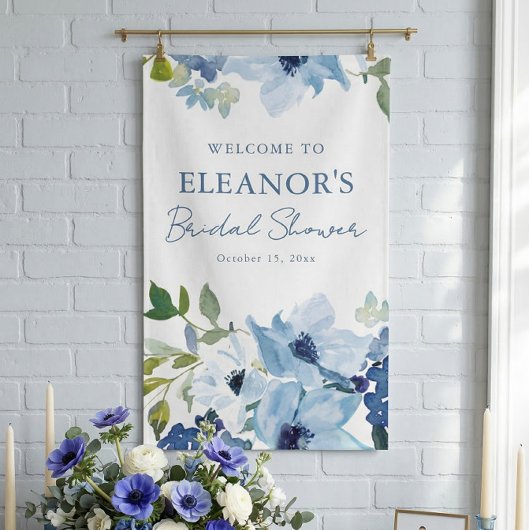 Blaue Aquarell-Botanik-Personalisierte Duschbegrüß Banner