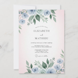 Blaue Aquarell-Botanik-Romantik-Hochzeit Einladung