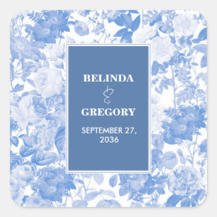 Blaue Aquarell-Botanische Blumige Hochzeit Quadratischer Aufkleber