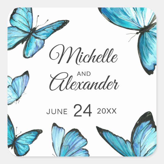 Blaue Aquarell-Butterfett Monogramm Klassischer Au Quadratischer Aufkleber (Vorderseite)