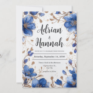 Blaue Aquarell-Gold-Glitter-Blumenhochzeit Einladung