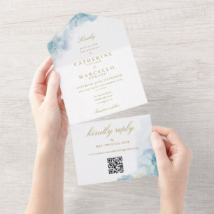 Blaue Aquarell-Gold-Moderne QR-Code-Hochzeit All In One Einladung