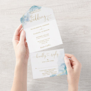 Blaue Aquarell-Gold-Schrift-Herzen-Hochzeit All In One Einladung