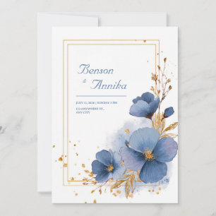 Blaue Aquarell-Goldfolie Florale Elegante Hochzeit Einladung