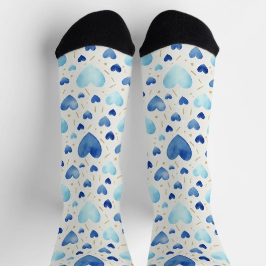 Blaue Aquarell-Herzen & Goldstaub Socken (Oben)