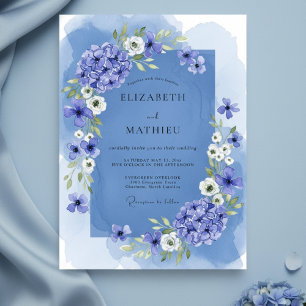 Blaue Aquarell-Hochzeit mit Blumen Einladung