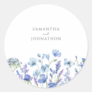 Blaue Aquarell-Hochzeit mit Wildblumen  Runder Aufkleber