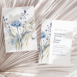 Blaue Aquarell-Hochzeit mit wilden Blumen im Garte Einladung