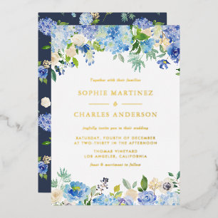 Blaue Aquarell-Hortensien Botanische Hochzeit Folieneinladung