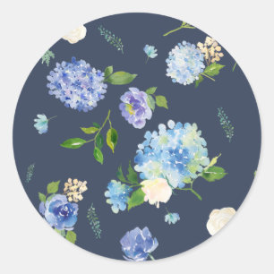 Blaue Aquarell-Hortensien- und Rosen-Blumenmuster Runder Aufkleber