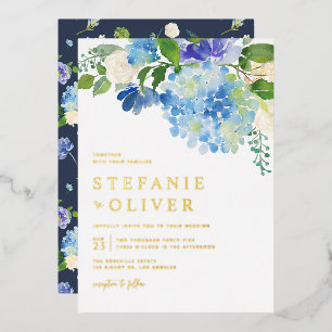 Blaue Aquarell-Hortensien-Winter-Blumenhochzeit Folieneinladung