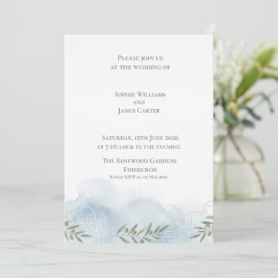 Blaue Aquarell-Kapelle Schottische Hochzeit Einladung