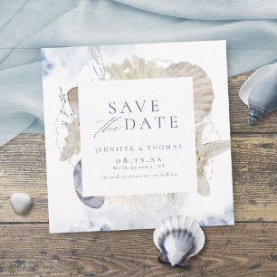 Blaue Aquarell-Korallen- und Muschelstrandhochzeit Save The Date