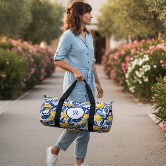 Blaue Aquarell-Limonen-Muster-Monogramm Duffle Bag