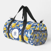 Blaue Aquarell-Limonen-Muster-Monogramm Duffle Bag (Rechte Ecke)