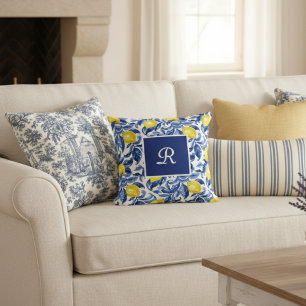 Blaue Aquarell-Limonen-Muster-Monogramm Kissen