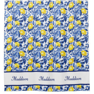 Blaue Aquarell-Limonen-Muster-Monogramm-Name Duschvorhang