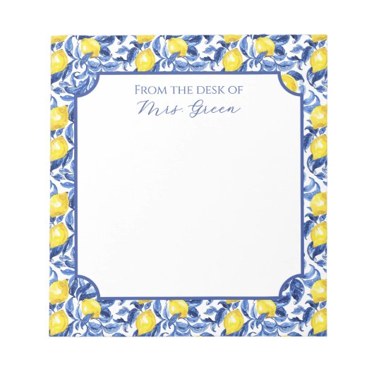 Blaue Aquarell-Limonen-Muster-Monogramm-Name Notizblock (Vorderseite)