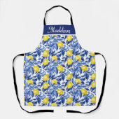 Blaue Aquarell-Limonen-Muster-Monogramm-Name Schürze (Vorderseite)