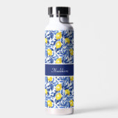 Blaue Aquarell-Limonen-Muster-Monogramm-Name Trinkflasche (Links)
