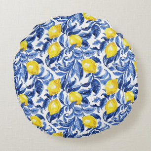 Blaue Aquarell-Limonen-Muster Rundes Kissen