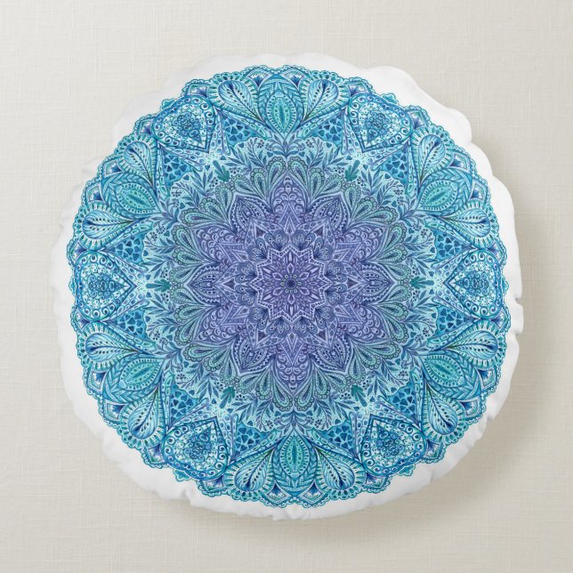 Blaue Aquarell-Mandala Rundes Kissen (Vorderseite)
