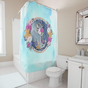Blaue Aquarell Moderne Nautische Florale Anker Duschvorhang