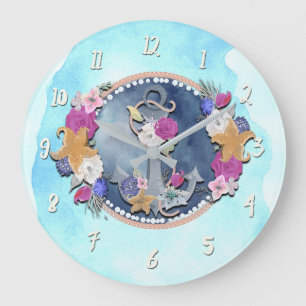 Blaue Aquarell Moderne Nautische Florale Anker Große Wanduhr