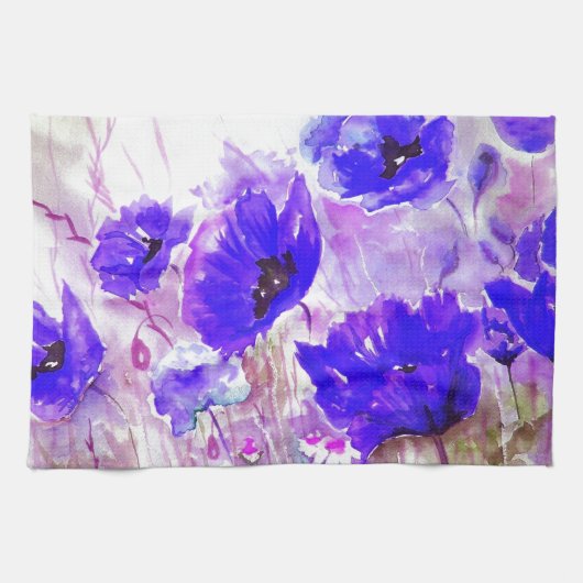 Blaue Aquarell-Mohnblumen Handtuch (Horizontal)