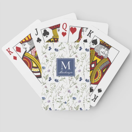 Blaue Aquarell-Monogramm-Name mit Wildblume Spielkarten (Rückseite)