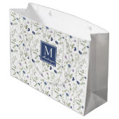 Blaue Aquarell-Monogramm-Name Wilde Blume Große Geschenktüte (Rückseite Schrägansicht)