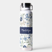 Blaue Aquarell-Monogramm-Wildblume Name Trinkflasche (Rückseite)