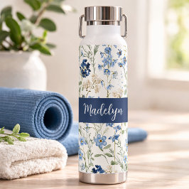 Blaue Aquarell-Monogramm-Wildblume Name Trinkflasche