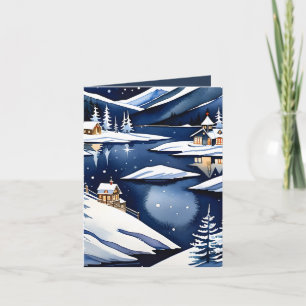 Blaue Aquarell-Nordische Seenlandschaft gefaltetes Feiertagskarte