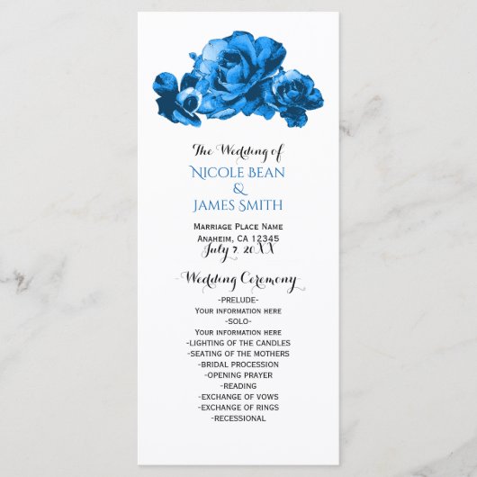 Blaue Aquarell-Rosen Elegantes Hochzeitsprogramm Programm (Vorderseite)