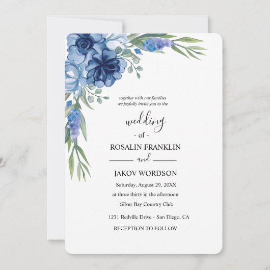 blaue Aquarell-Rustical-Hochzeit Einladung (Vorderseite)