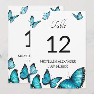Blaue Aquarell-Schmetterlinge Hochzeit Tischnummer