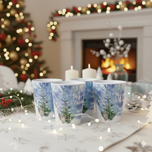 Blaue Aquarell-Schneebäume Laterne Weihnachten Milchtasse