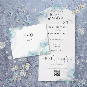 Blaue Aquarell-Schrift-Herzen QR-Code-Hochzeit All In One Einladung