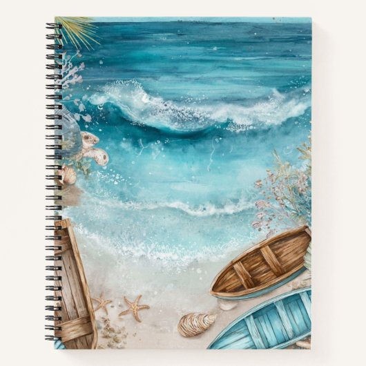 BLAUE AQUARELL-SOMMERSTRANDSZENE MIT BOOTEN NOTIZBLOCK (Vorderseite)
