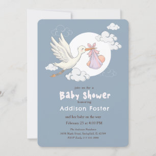 Blaue Aquarell-Storch-Mädchen-Baby-Party Einladung