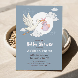 Blaue Aquarell-Storch-Mädchen-Baby-Party Einladung