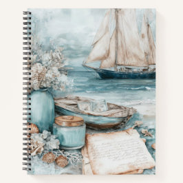 BLAUE AQUARELL-STRANDSZENE MIT SEGELBOOT NOTIZBLOCK
